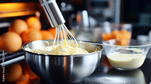 Mixing cake batter in a modern kitchen with fresh oranges and bowls of ingredients nearby