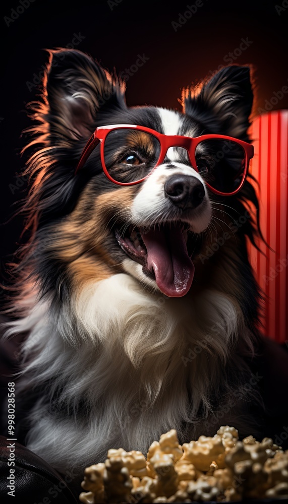 A cheerful dog wearing red glasses enjoys popcorn in a cozy indoor setting during the evening A cheerful dog wearing red glasses enjoys popcorn in a cozy indoor setting during the evening