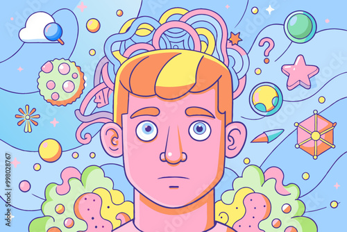 Colorful Cartoon Illustration of Person with Abstract Thoughts