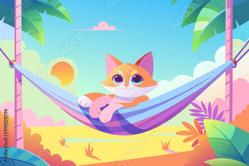Charming Cartoon Cat Relaxing in Hammock on Sunny Day