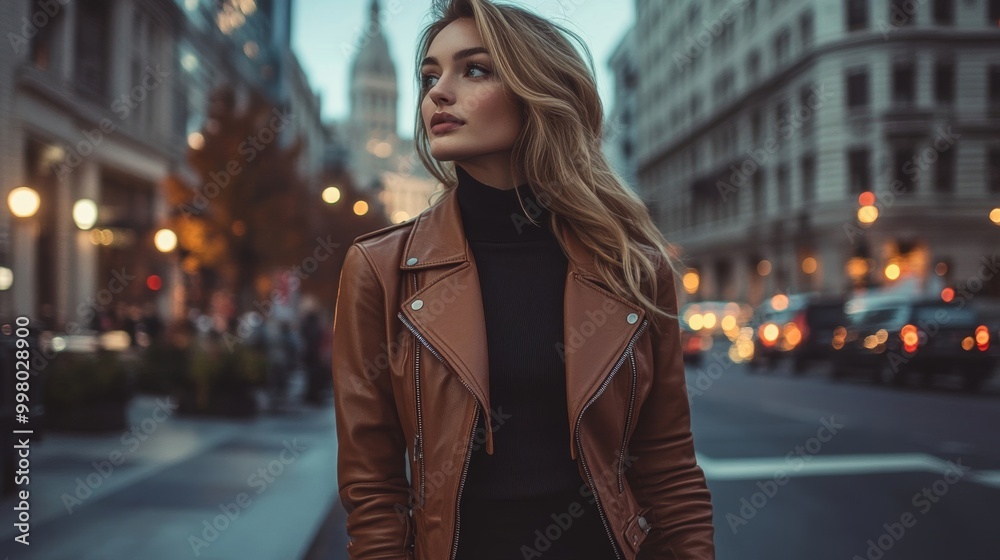 Tan leather jacket over a sleek black midi dress with ankle booties placed on a city street at dusk trendy and stylish Tan leather jacket over a sleek black midi dress with ankle booties placed on a city street at dusk trendy and stylish