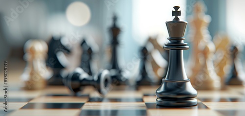 A close-up view of a black king chess piece standing prominently on a chessboard, with blurred opposing pieces in the background. Ideal for strategy and game-related themes. photo