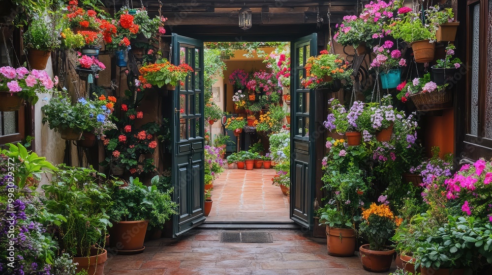 A picturesque open door, surrounded by a garden of colorful potted plants and hanging flower baskets, with wind chimes creating a soft atmosphere A picturesque open door, surrounded by a garden of colorful potted plants and hanging flower baskets, with wind chimes creating a soft atmosphere