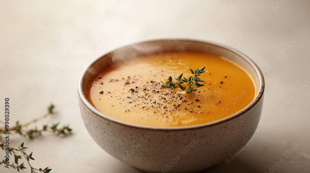 Velvety butternut squash soup with a dash of nutmeg and thyme sprigs, steam rising, isolated on a light beige background cozy fall flavor Velvety butternut squash soup with a dash of nutmeg and thyme sprigs, steam rising, isolated on a light beige background cozy fall flavor