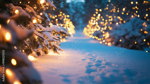 Twinkling string of Christmas lights illuminating a snowy outdoor path, festive atmosphere, soft blue and white tones 