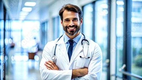 A confident male doctor wearing a stethoscope around his neck, smiling at the camera in a clinic.