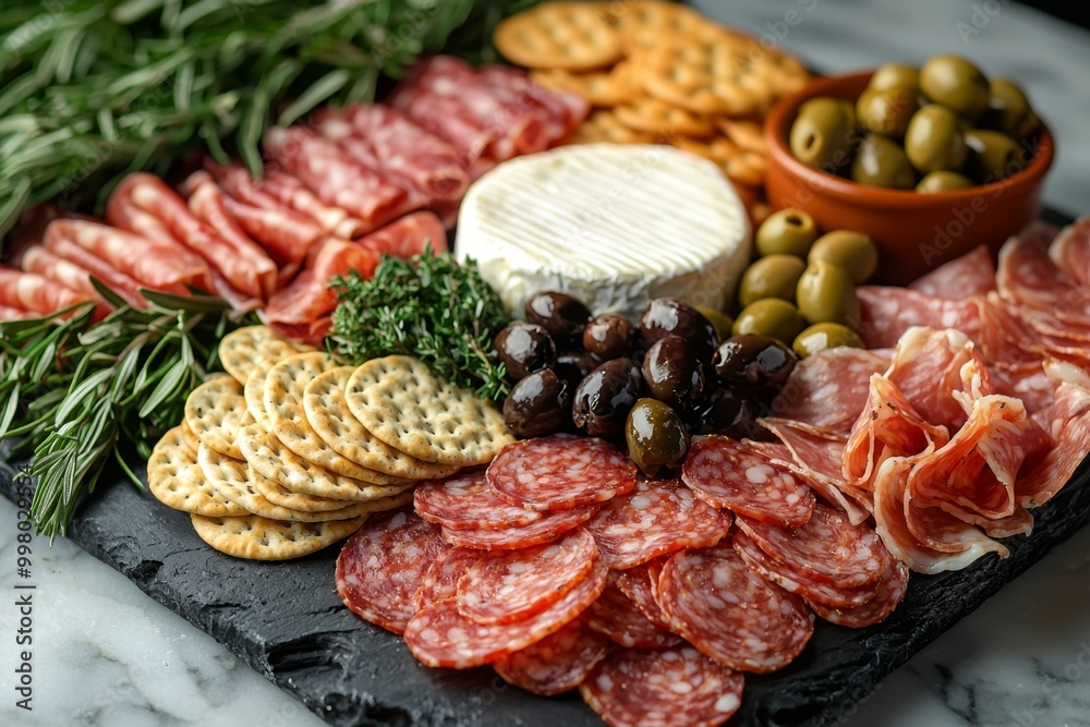 Antipasto platter with prosciutto crudo or jamon, ham, salami, cheese, olives and grapes. Elegant charcuterie board with a variety of cured meat. Antipasto platter with prosciutto crudo or jamon, ham, salami, cheese, olives and grapes. Elegant charcuterie board with a variety of cured meat.