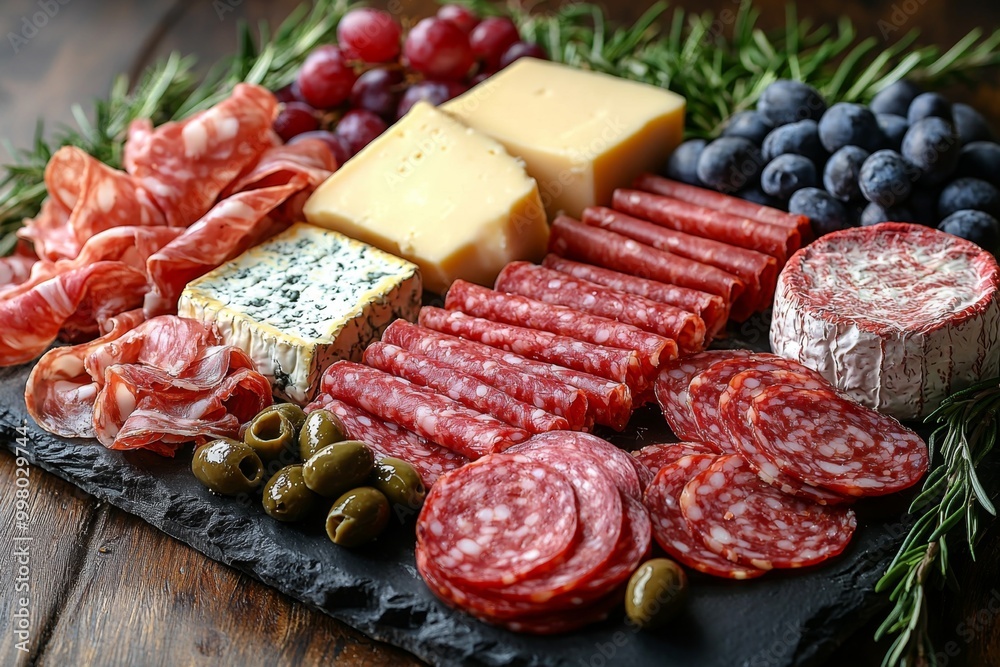 Antipasto platter with prosciutto crudo or jamon, ham, salami, cheese, olives and grapes. Elegant charcuterie board with a variety of cured meat. Antipasto platter with prosciutto crudo or jamon, ham, salami, cheese, olives and grapes. Elegant charcuterie board with a variety of cured meat.
