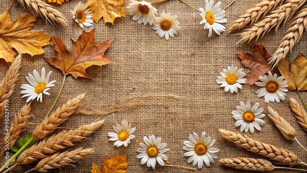 Autumnal arrangement of wheat, leaves and daisies on burlap.
