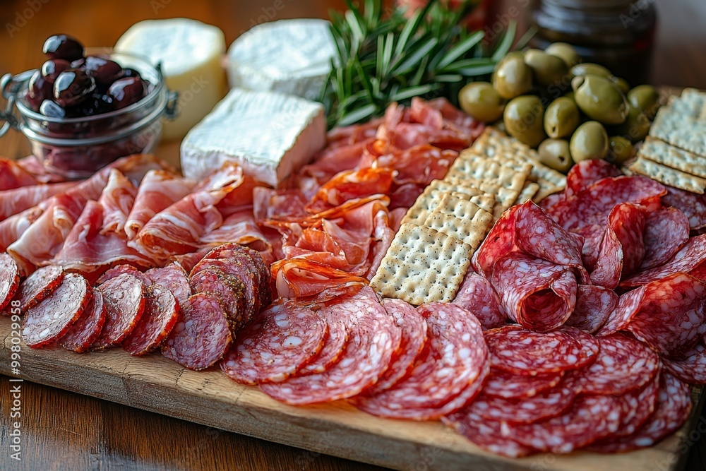 Antipasto platter with prosciutto crudo or jamon, ham, salami, cheese, olives and grapes. Elegant charcuterie board with a variety of cured meat. Antipasto platter with prosciutto crudo or jamon, ham, salami, cheese, olives and grapes. Elegant charcuterie board with a variety of cured meat.