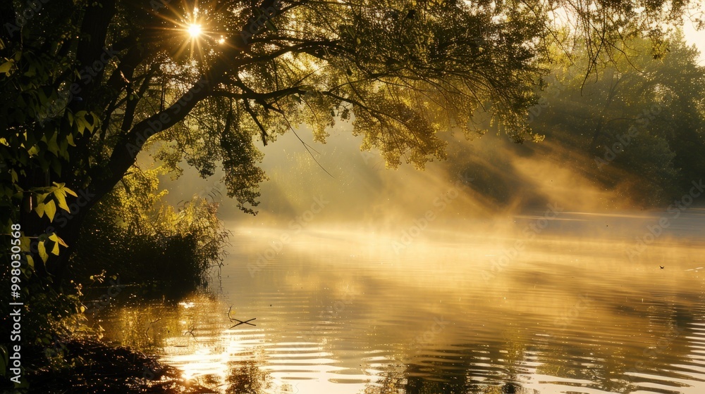 Obraz premium Golden Dawn Over a Misty River