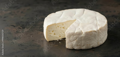 Delicious round cheese with a creamy texture and a slice removed, showcasing its rich interior against a dark background. photo