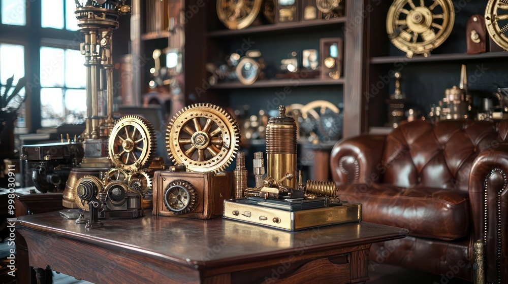 Fototapeta premium Home office with a steampunk inventora??s theme, featuring brass gadgets, cogwheel decorations, and vintage leather furniture Eclectic and imaginative