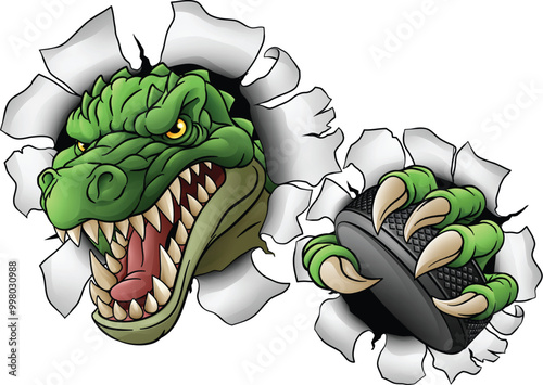 A crocodile, dinosaur or alligator lizard hockey sports mascot