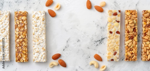 Delicious snack bars arranged in a stylish layout with nuts on a marble background, perfect for healthy eating inspiration. photo