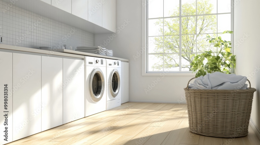This laundry room showcases built-in washer and dryer units, sleek white cabinetry, and a basket filled with freshly laundered clothes. Generative AI This laundry room showcases built-in washer and dryer units, sleek white cabinetry, and a basket filled with freshly laundered clothes. Generative AI