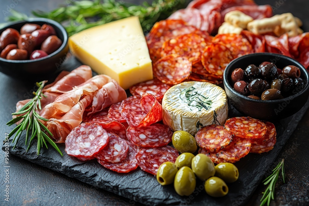 Antipasto platter with prosciutto crudo or jamon, ham, salami, cheese, olives and grapes. Elegant charcuterie board with a variety of cured meat. Antipasto platter with prosciutto crudo or jamon, ham, salami, cheese, olives and grapes. Elegant charcuterie board with a variety of cured meat.