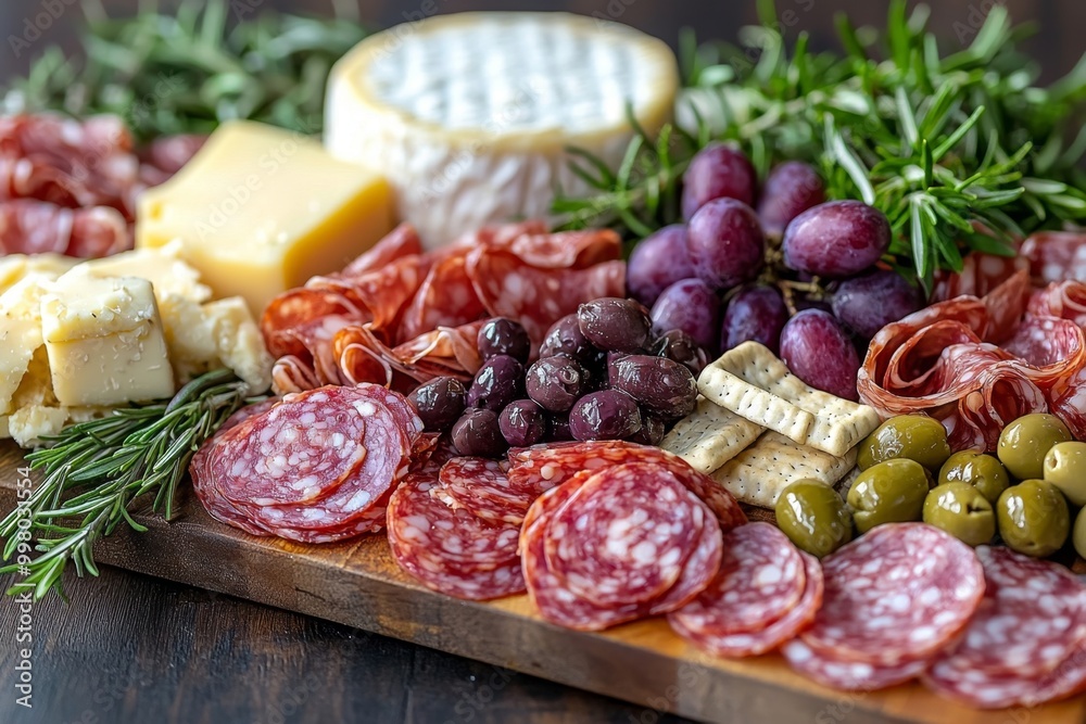 Antipasto platter with prosciutto crudo or jamon, ham, salami, cheese, olives and grapes. Elegant charcuterie board with a variety of cured meat. Antipasto platter with prosciutto crudo or jamon, ham, salami, cheese, olives and grapes. Elegant charcuterie board with a variety of cured meat.