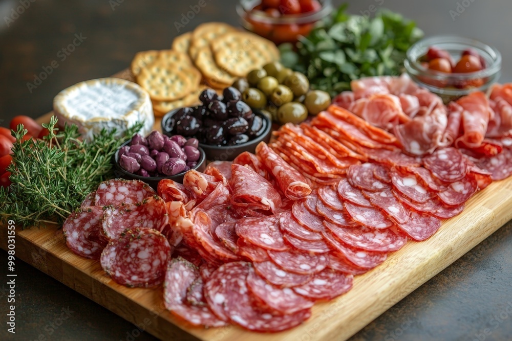 Antipasto platter with prosciutto crudo or jamon, ham, salami, cheese, olives and grapes. Elegant charcuterie board with a variety of cured meat. Antipasto platter with prosciutto crudo or jamon, ham, salami, cheese, olives and grapes. Elegant charcuterie board with a variety of cured meat.