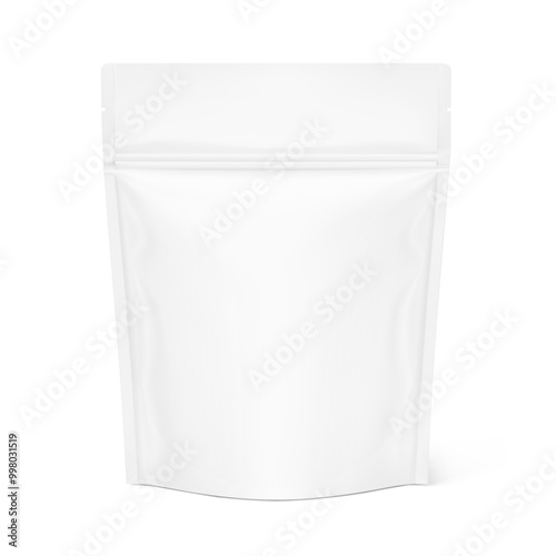 Realistic stand up pouch bag with zip lock mockup with transparent shadow. Front view. Vector illustration isolated on white background. Ready for your design. EPS10.