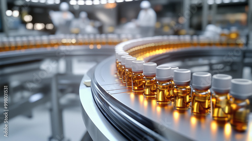 image of medical vials on a conveyor belt in a sterile pharmaceutical production environment