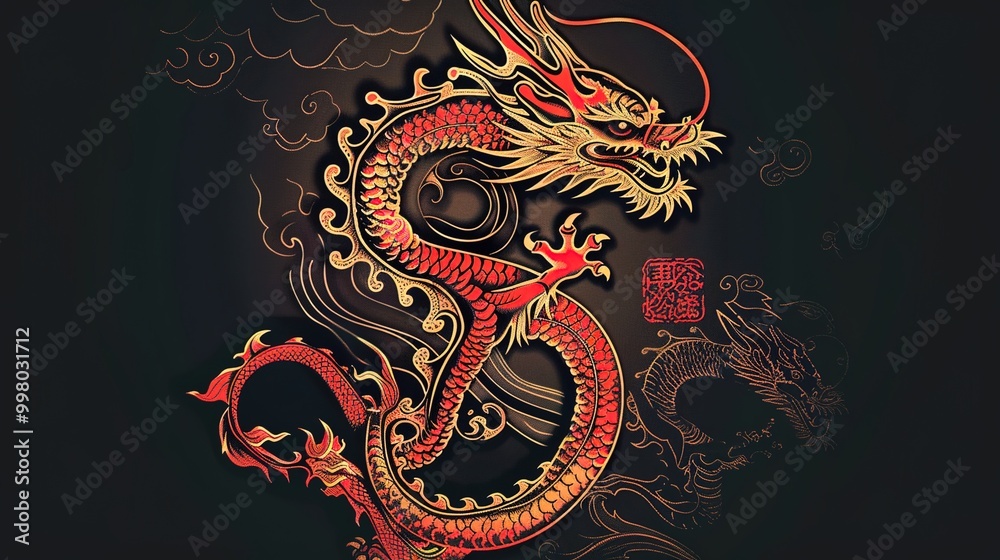 A golden dragon soars through a red sky, its scales gleaming in the light. The dragon is a symbol of power, strength, and good luck. A golden dragon soars through a red sky, its scales gleaming in the light. The dragon is a symbol of power, strength, and good luck.