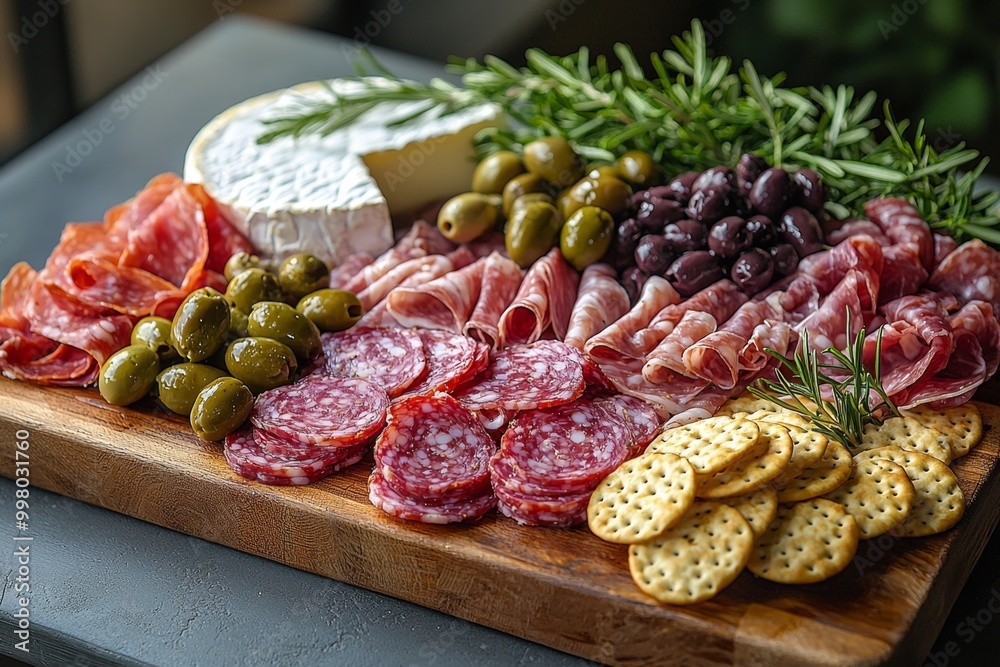 Antipasto platter with prosciutto crudo or jamon, ham, salami, cheese, olives and grapes. Elegant charcuterie board with a variety of cured meat.