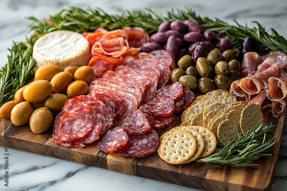 Antipasto platter with prosciutto crudo or jamon, ham, salami, cheese, olives and grapes. Elegant charcuterie board with a variety of cured meat. Antipasto platter with prosciutto crudo or jamon, ham, salami, cheese, olives and grapes. Elegant charcuterie board with a variety of cured meat.