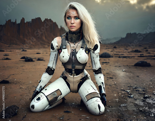 Beautiful, damaged android blonde, waiting for rescue in a post apocalyptic desert. photo