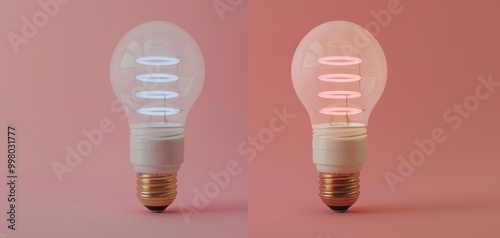 A creative display of two light bulbs emitting different colors, showcasing illumination and design on a soft pink background. photo