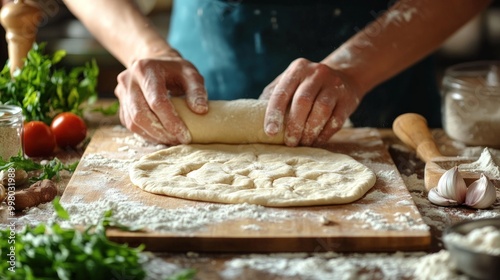 Hands rolling out dough on a wooden board in a kitchen setting, surrounded by ingredients like flour, herbs, tomatoes, and garlic.