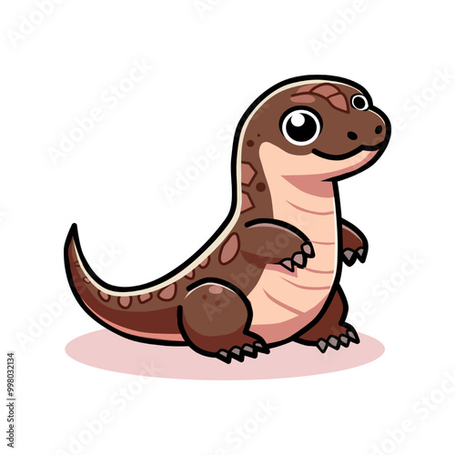 Cute cartoon illustration of a Komodo dragon with a chubby body and big eyes in brown. Perfect for children's books, nature-themed designs or educational materials