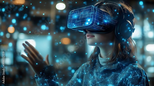 Wallpaper Mural  School student with VR headset using AI artificial intelligence technology & machine learning. Interactive technology in classroom. Innovation & smart tech. AI blue hologram in education Torontodigital.ca