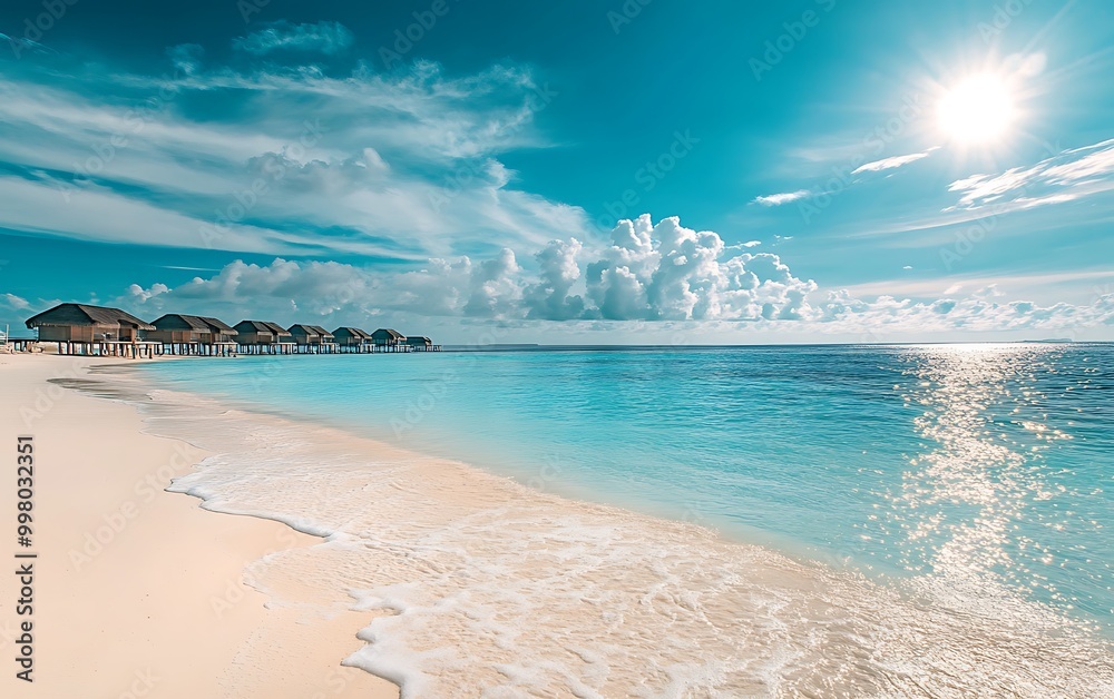Obraz premium Peaceful Maldives Beach with Overwater Bungalows and Turquoise Lagoon