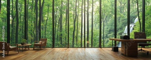 Home office with a tranquil forest theme, featuring floor-to-ceiling windows looking out onto dense woods, natural wood furniture, and a peaceful waterfall sound machine Soothing and natural