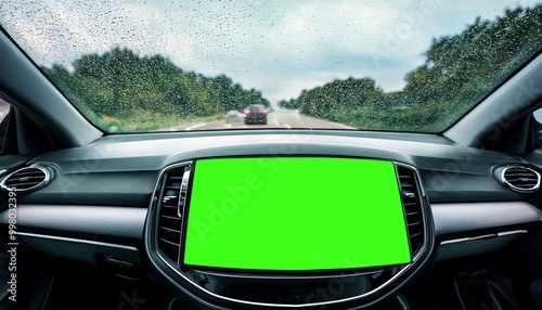 A car's interior view shows a dashboard with a green screen, raindrops on the windshield, and a road ahead, creating a focused yet immersive driving atmosphere.