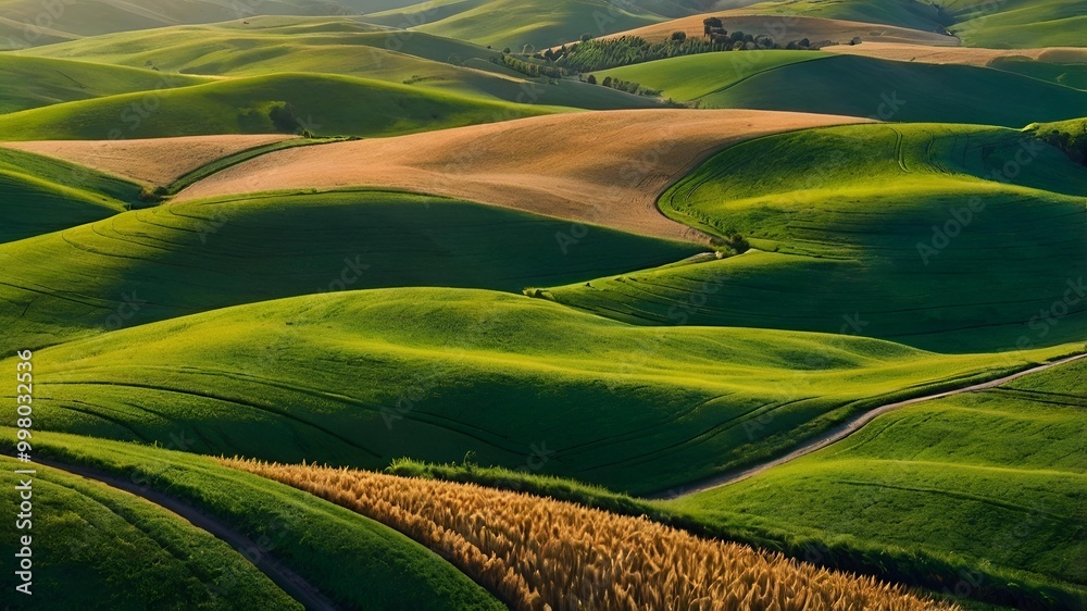 Obraz premium A stunning aerial view of rolling hills covered in vibrant green fields and golden wheat, with winding roads cutting through the landscape under a bright blue sky, offering a peaceful and natural mobi