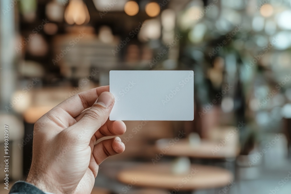 Hand holding a blank white card with a blurred coffee shop background. Hand holding a blank white card with a blurred coffee shop background.