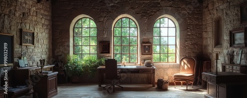 Home office with a tranquil monastery theme, featuring stone walls, arched windows, and simple, rustic furnishings Peaceful and ascetic photo