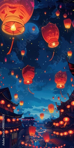 32 USA lantern festival flat design bird's-eye view nighttime theme cartoon drawing vivid photo