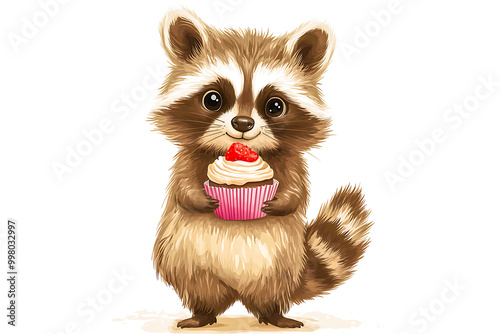 a cute raccoon holding a cupcake, white background.