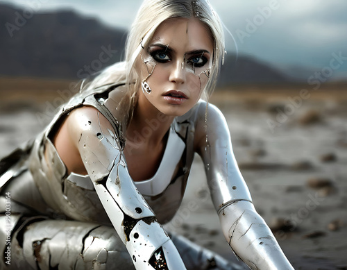 Close up of a beautiful, cracked android blonde in a post apocalyptic desert. photo