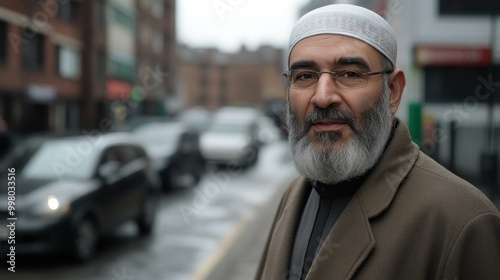 Portrait of a man standing on a city street, he is wearing a cap and a beard.