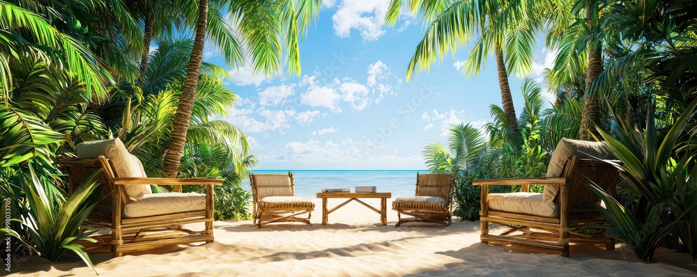 Fototapeta premium Home office with a tropical resort theme, featuring bamboo furniture, a sand floor, and a backdrop of lush palms and clear blue skies Relaxing and sunny