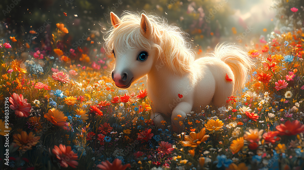illustration of a cute young horse in a large flower garden illustration of a cute young horse in a large flower garden