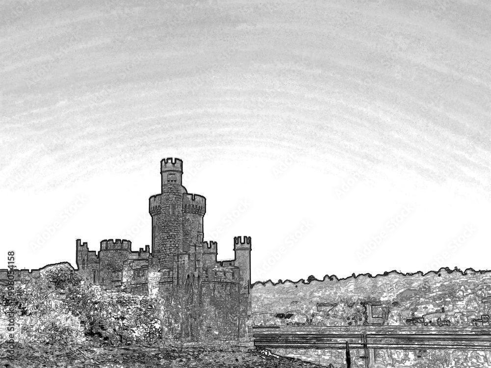 Blackrock castle observatory silhouette in the rays of sunset sun pencil drawn sketch illustration Blackrock castle observatory silhouette in the rays of sunset sun pencil drawn sketch illustration