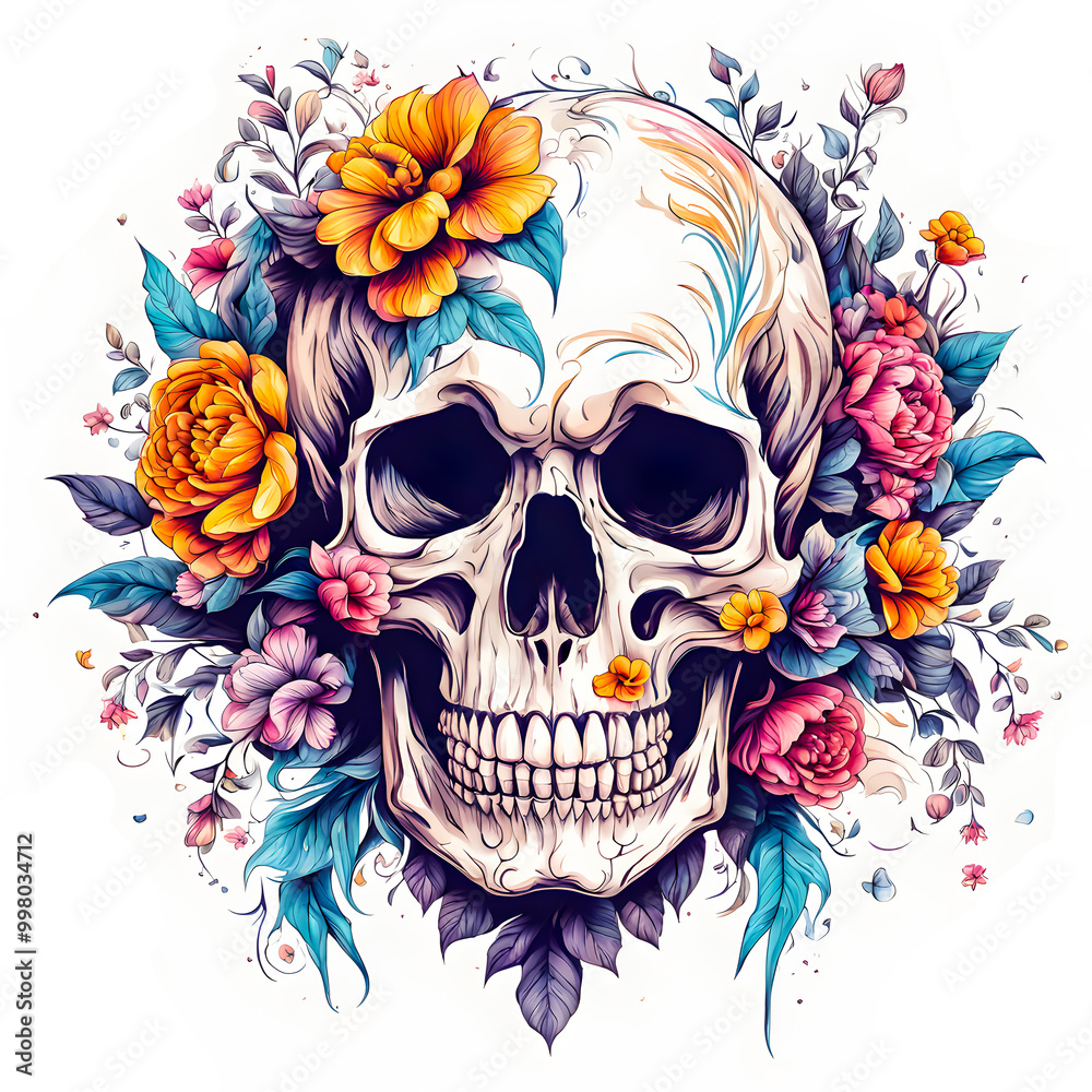 Fototapeta premium illustration of human skull with cute flowers on white background.