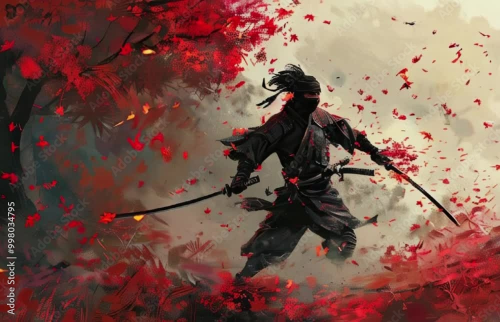 Japanese ninja warrior dressed in samurai clothes holding sharp sword