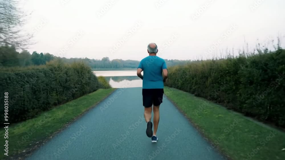 A senior man is jogging on a quiet path surrounded by greenery and trees. The scene evokes a sense of health, fitness A senior man is jogging on a quiet path surrounded by greenery and trees. The scene evokes a sense of health, fitness