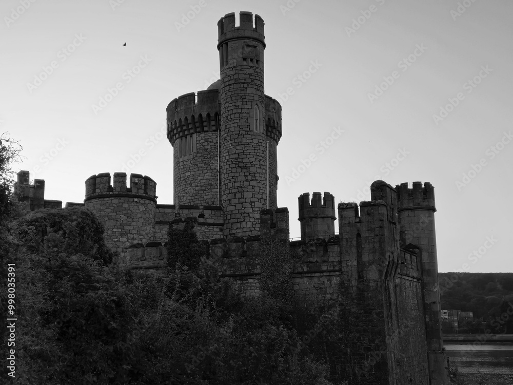 Obraz premium Blackrock castle observatory silhouette in the rays of sunset sun black and white monochrome background